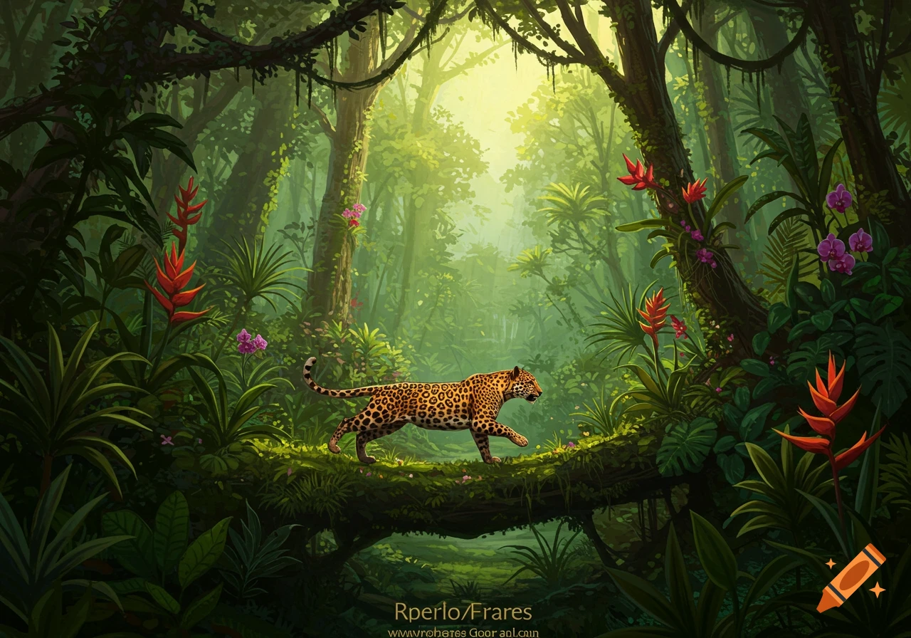 An illustration of a leopard walking on a log in a lush rainforest.