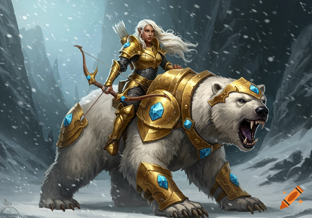 Elf warrior in golden armor riding an armored polar bear in a snowy mountain pass.