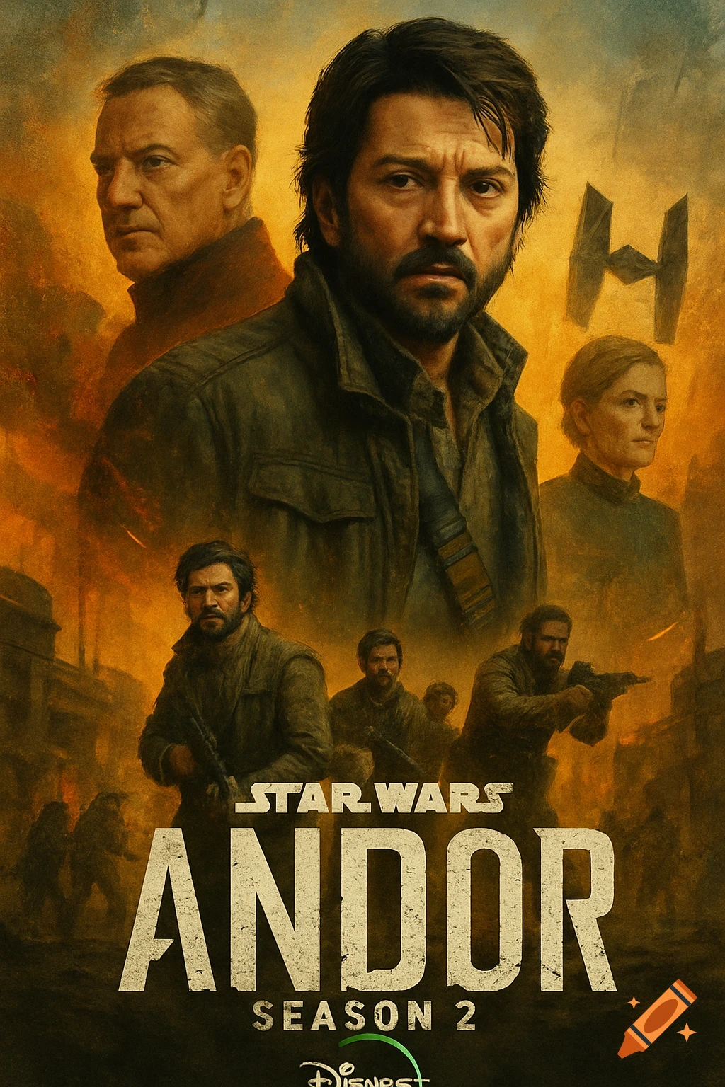 Poster for Star Wars Andor featuring multiple characters and title text.