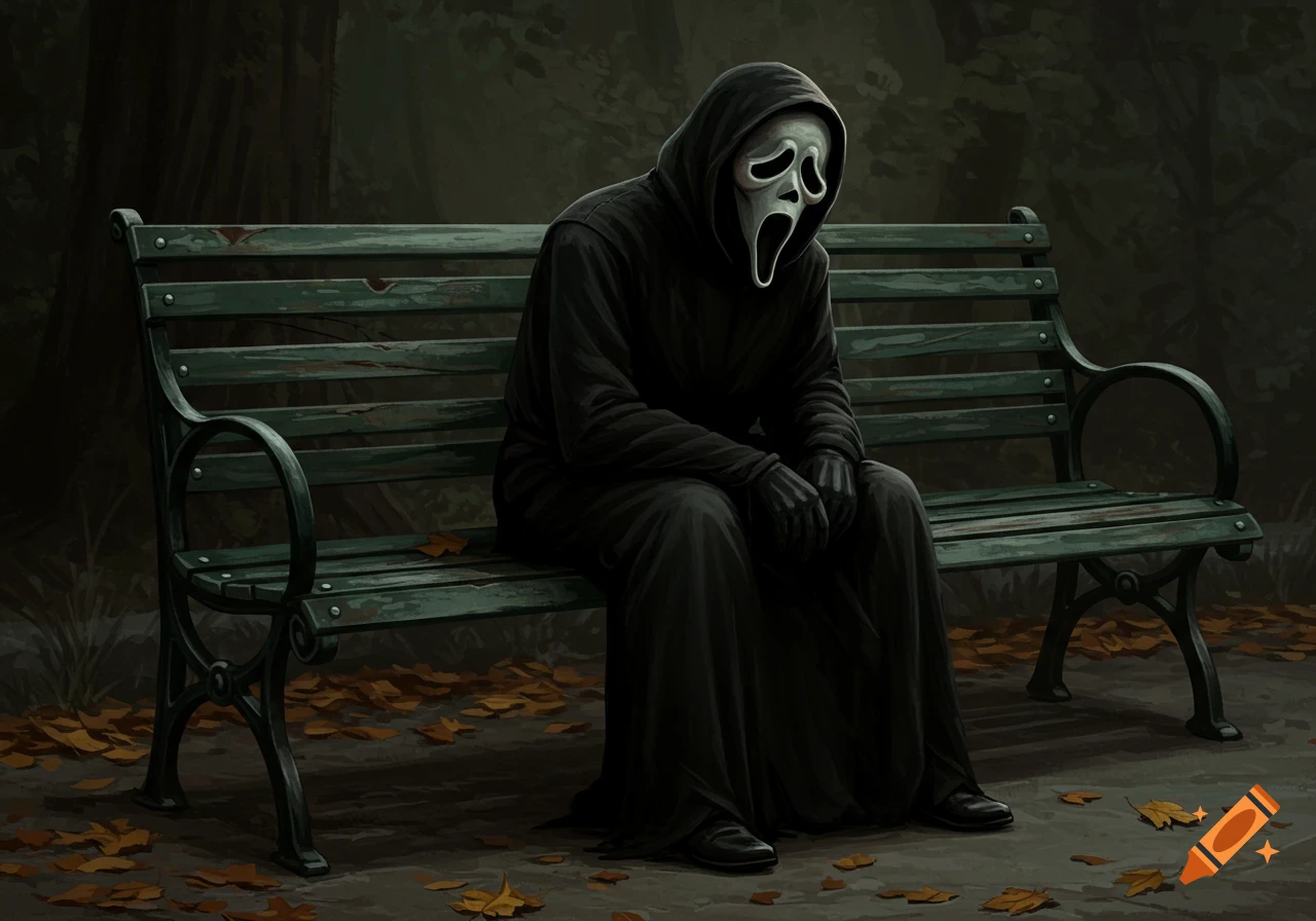 Ghostface from Scream sits forlornly on a park bench surrounded by autumn leaves.