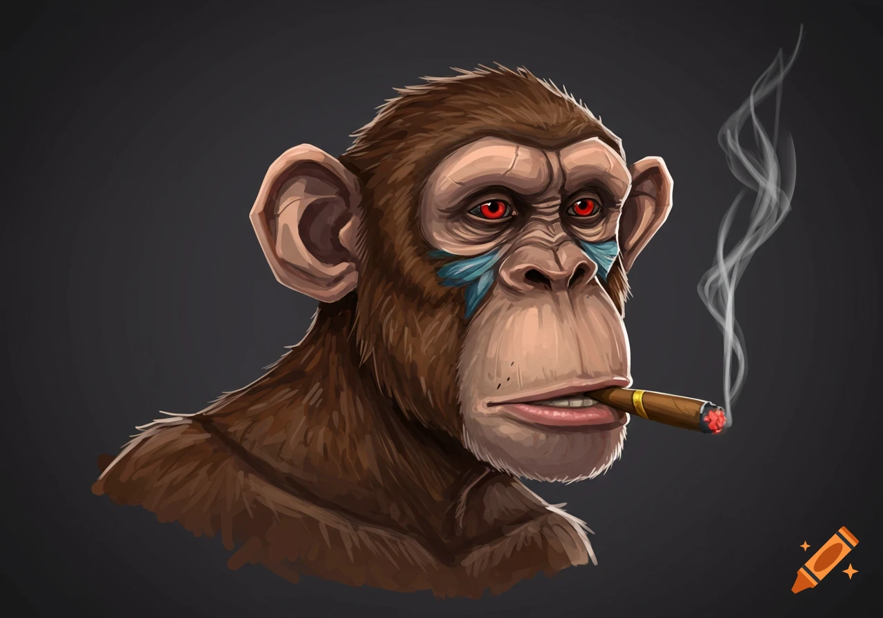 An illustration of a monkey with red eyes and blue markings smoking a cigar.