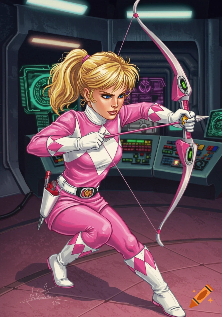 Pink Power Ranger drawing her bow and arrow in a control room, comic illustration style.