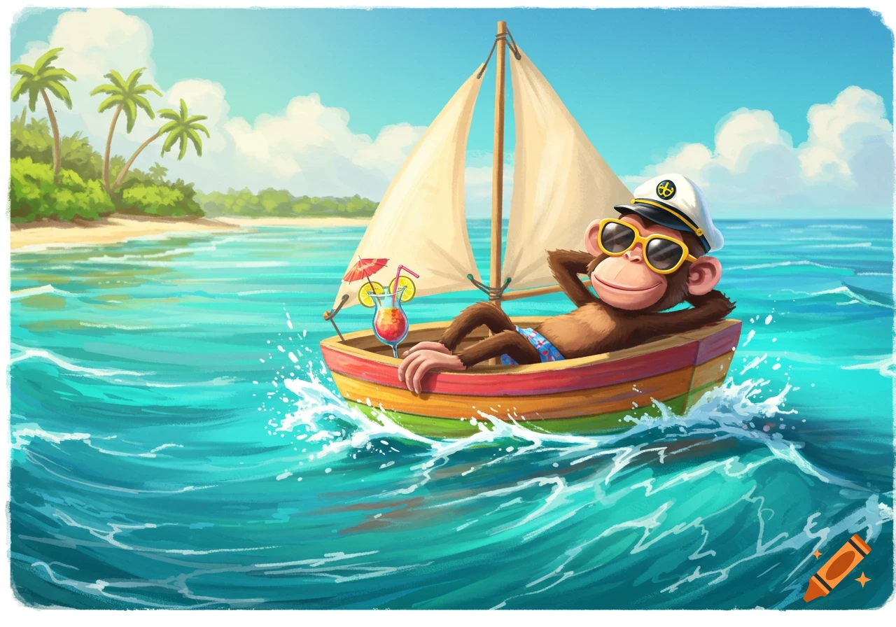 Cartoon monkey in captain's hat and sunglasses relaxes on a sailboat in the ocean near a tropical beach.