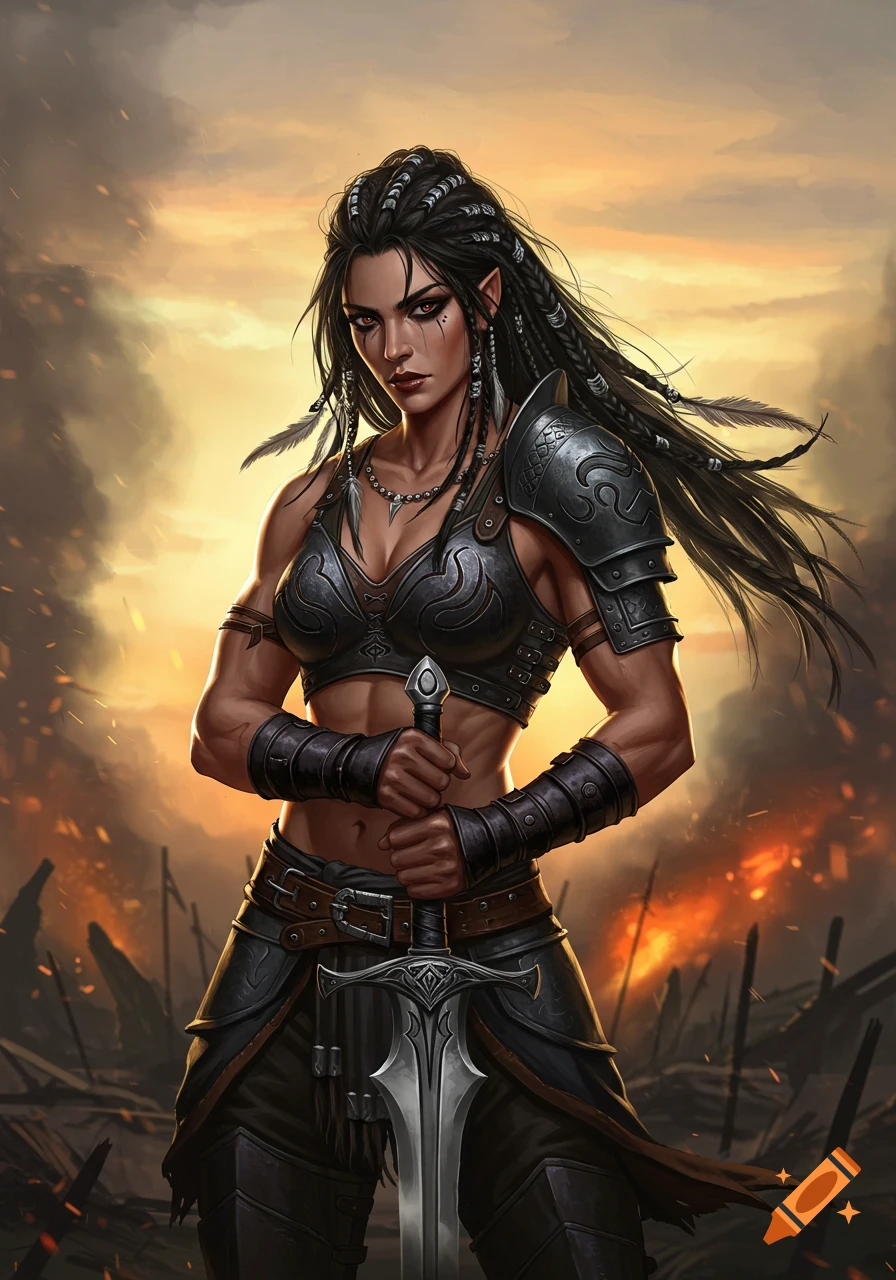 Female warrior in fantasy armor holding a sword on a battlefield at ...