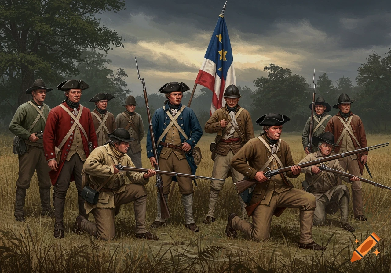 Revolutionary War soldiers standing and kneeling in a field with a flag