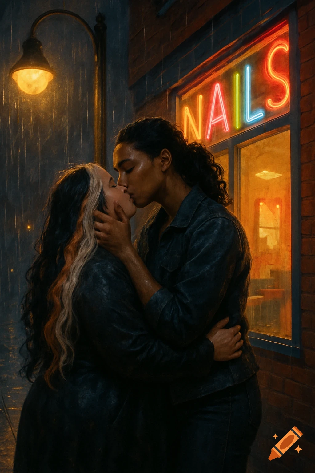 Two women kiss under a street light in the rain near a neon 'NAILS' sign at night.