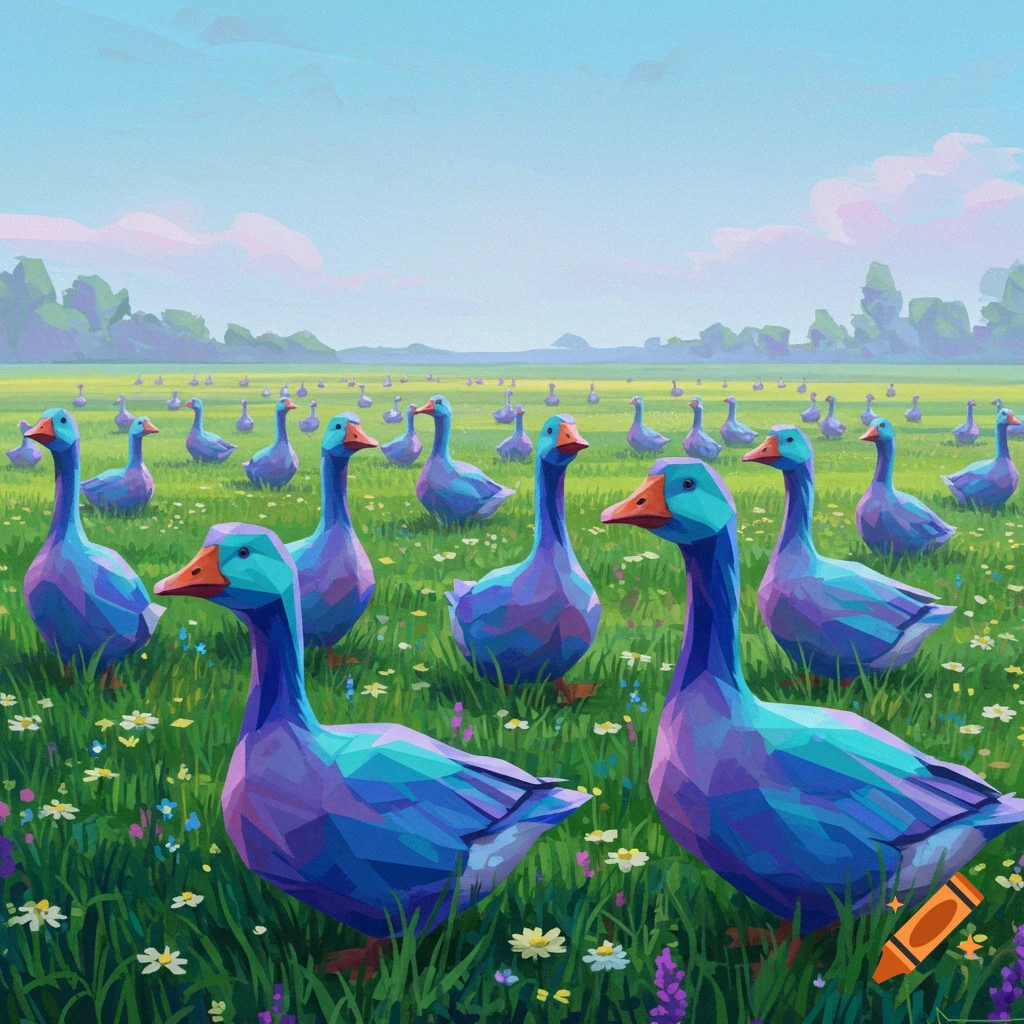 Geometric stylized blue and purple geese stand in a sunny field filled with wildflowers.