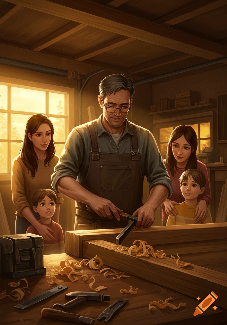 Illustration of a father woodworking in a warm workshop with his family watching.