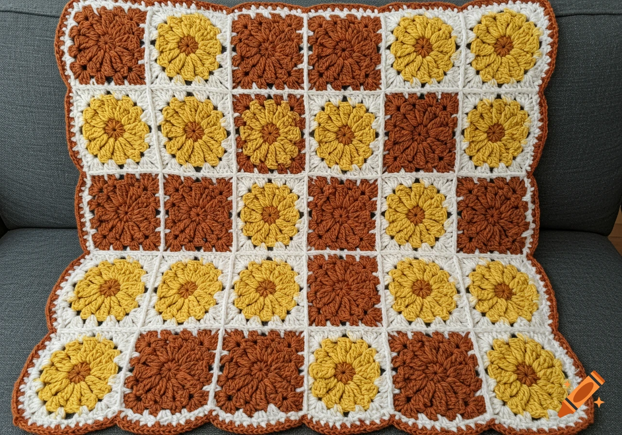 A close-up of a crochet blanket with alternating floral and solid squares in brown, yellow, and white.