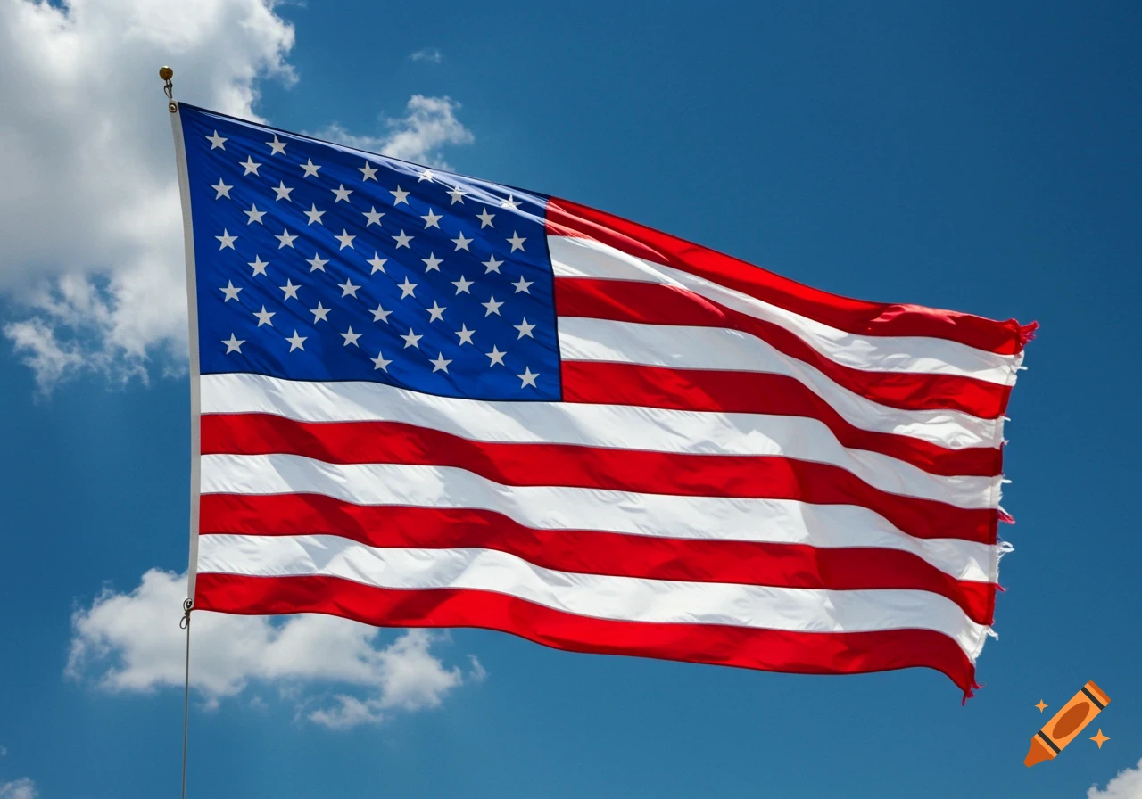 An American flag waving against a blue sky with clouds.