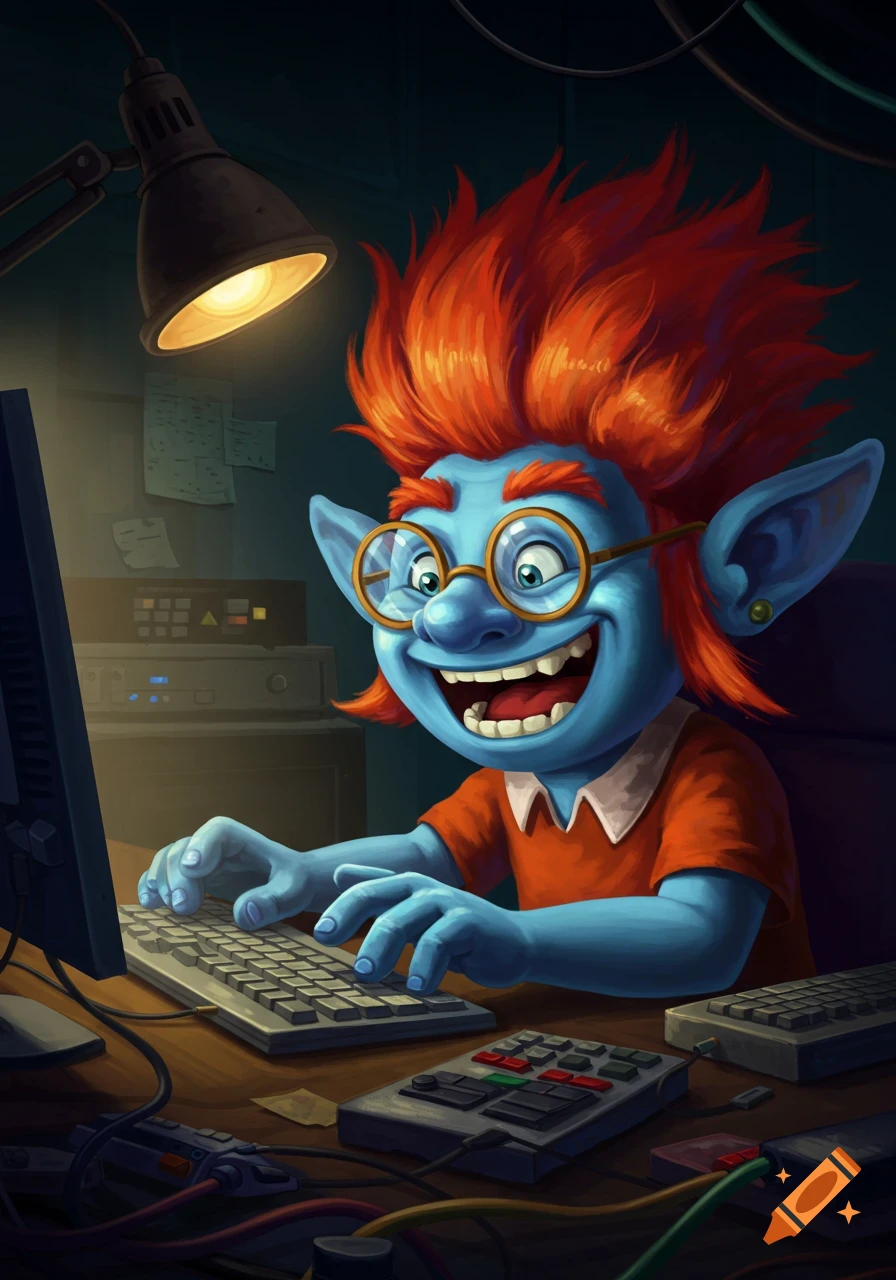 A blue cartoon troll with bright red hair and glasses smiles excitedly while typing on a computer keyboard at a desk in a dimly lit room.