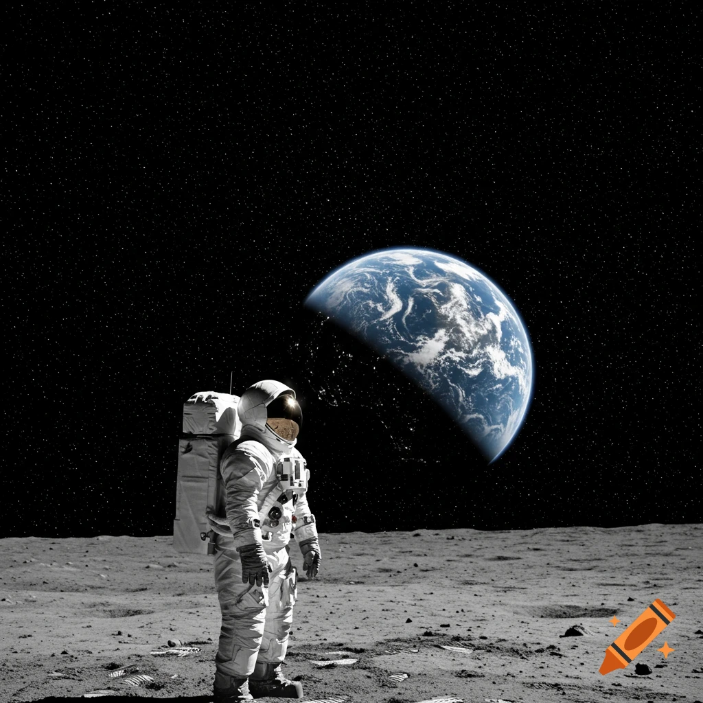 An astronaut stands on the moon looking up at the Earth.