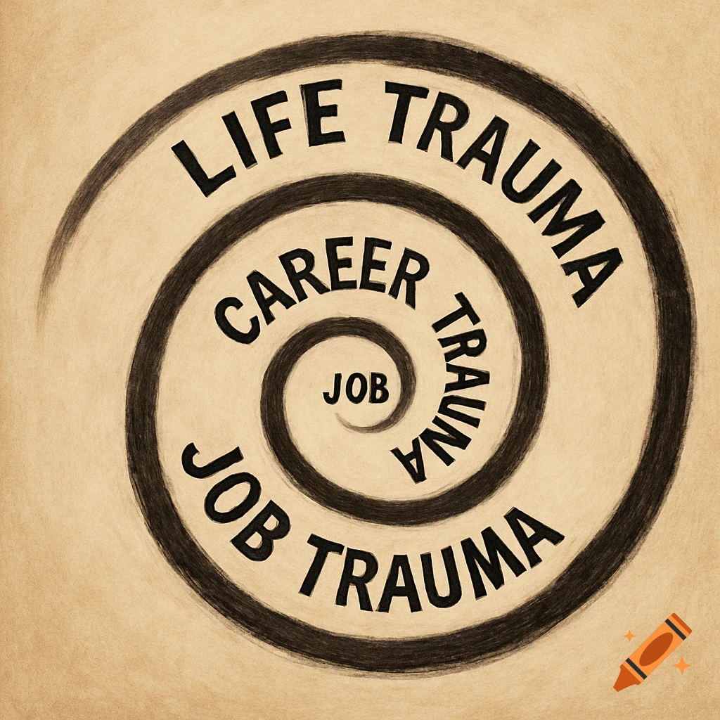 Spiral drawing with text 'Life Trauma', 'Career Trauma', 'Job Trauma', 'Job' on a beige background.