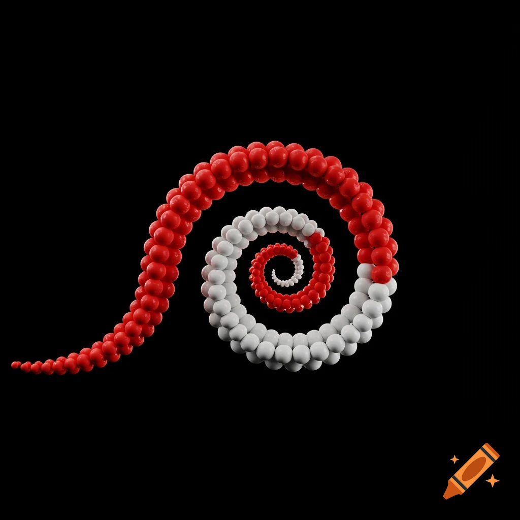 A 3D spiral made of red and white spheres on a black background.