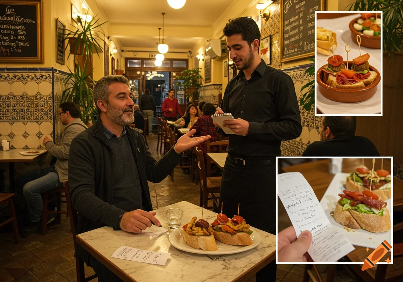 Customer talking to waiter in a Spanish cafe, with tapas on the table. Insets show tapas and a bill.