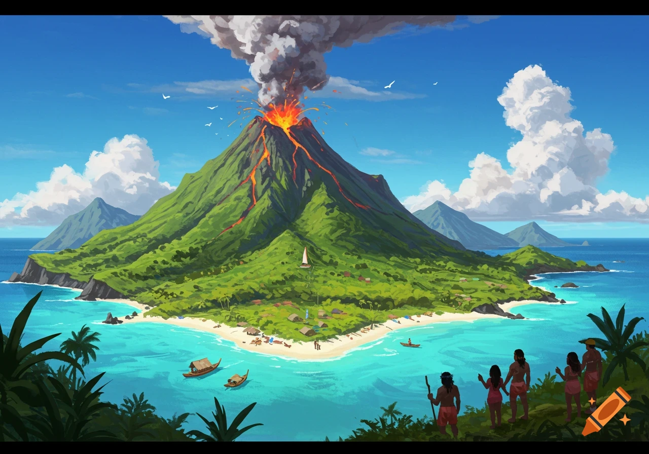 A volcanic island erupting, with lava flows, smoke, beaches, turquoise ocean, and people standing on a hill.