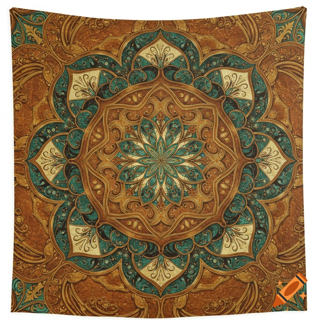 Detailed mandala pattern in brown, teal, gold, and cream