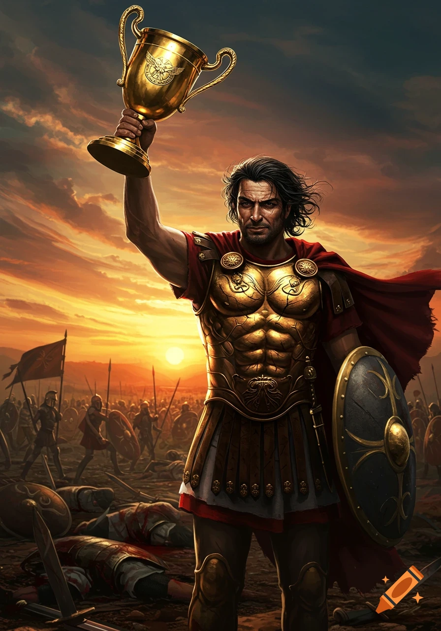 Roman general raises a golden trophy after battle with dead soldiers and sunset background.