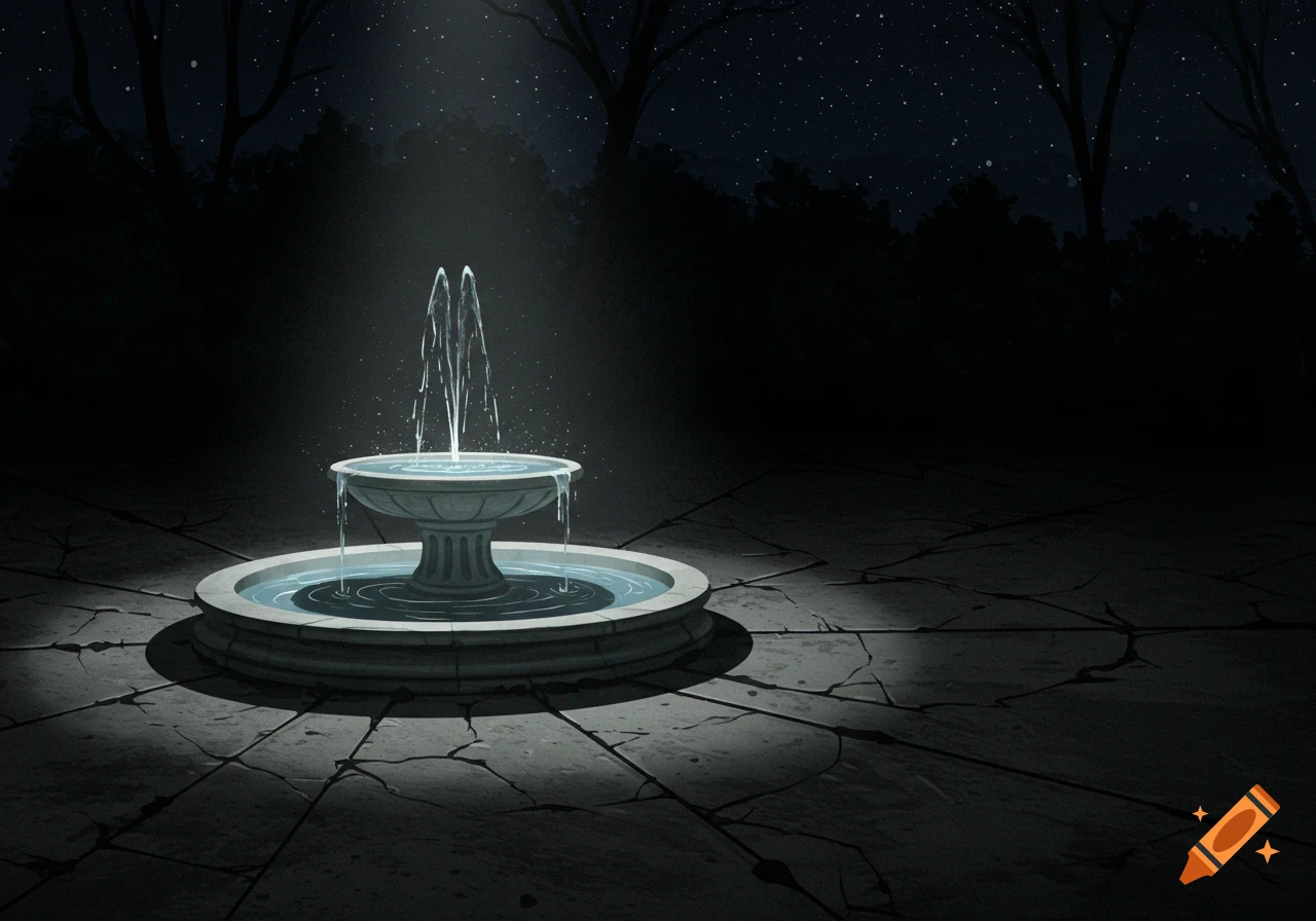 A fountain at night in a dark park under a starry sky.