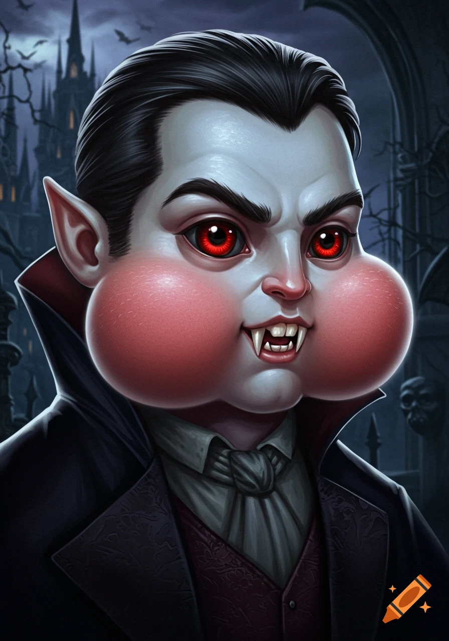 Portrait of a vampire with puffy chipmunk cheeks against a gothic castle background.