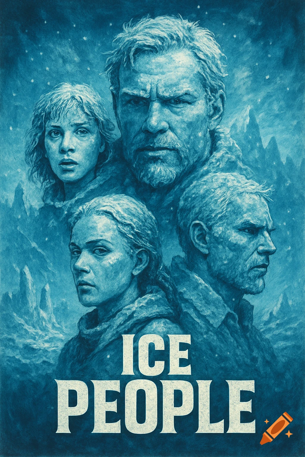 Movie poster with portraits of four people in an icy setting. Title reads ICE PEOPLE.
