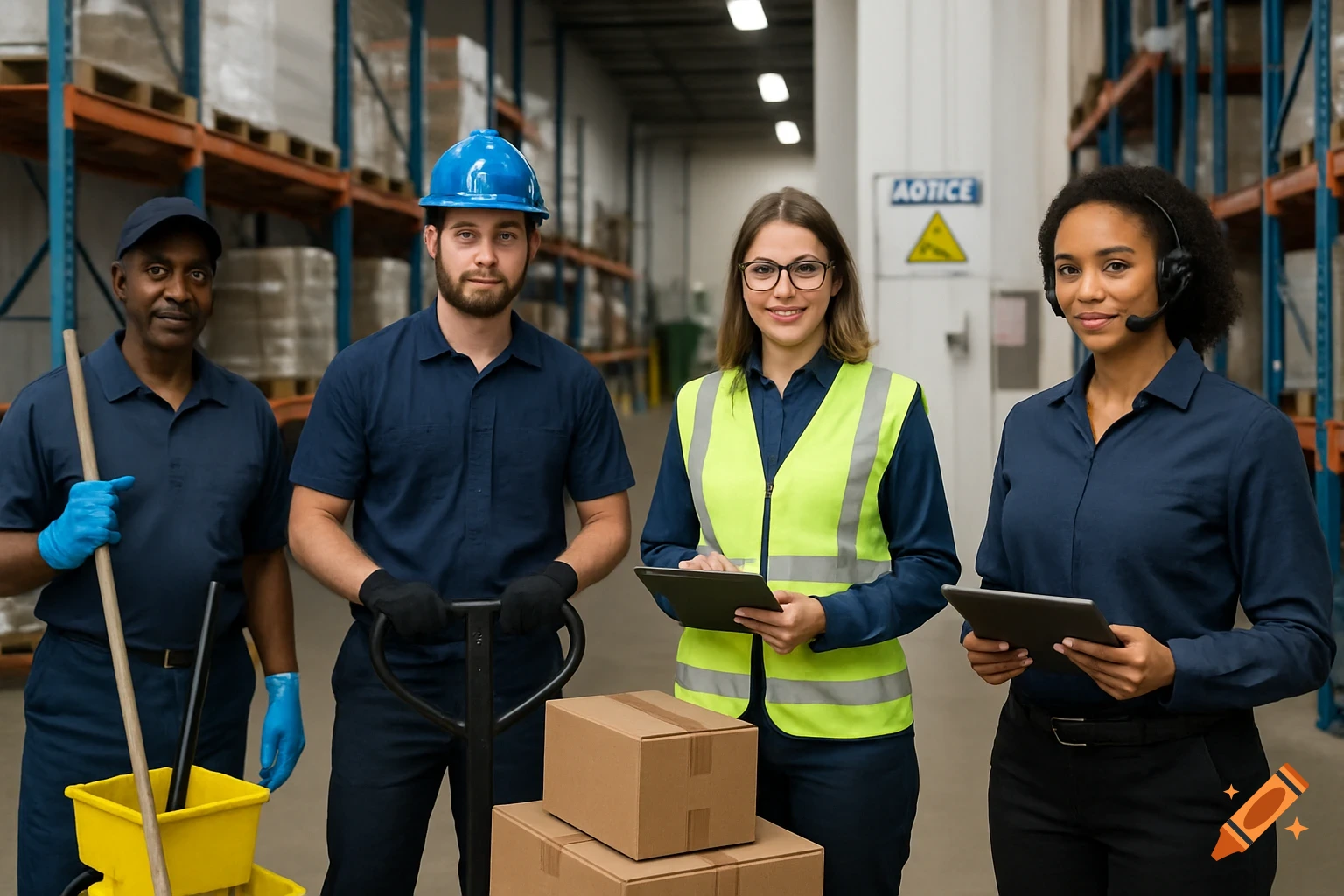 Diverse team of workers in a warehouse, including a janitor, material handler, safety coordinator, and logistics coordinator.