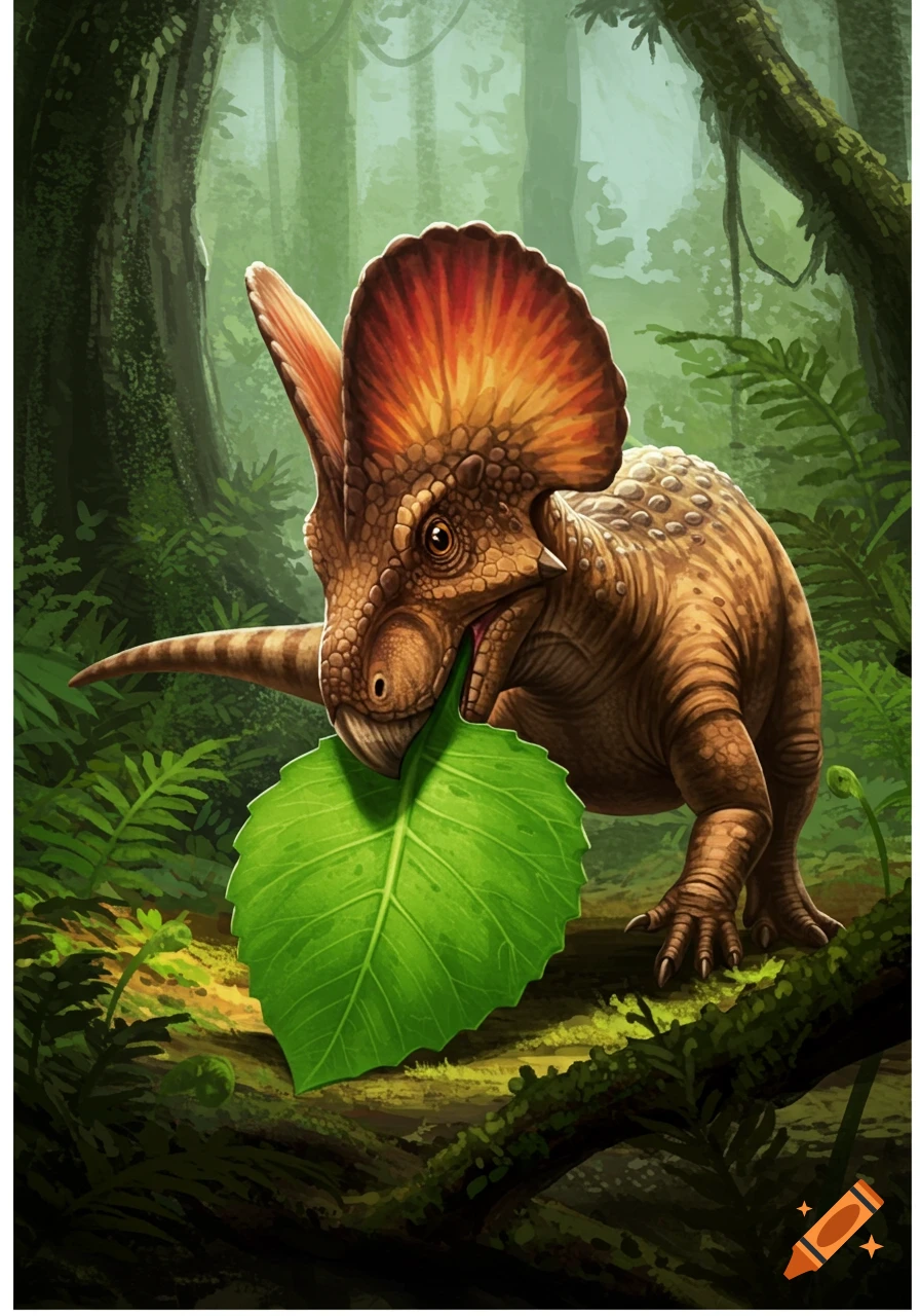 A Microceratus dinosaur eats a large leaf in a lush prehistoric jungle.