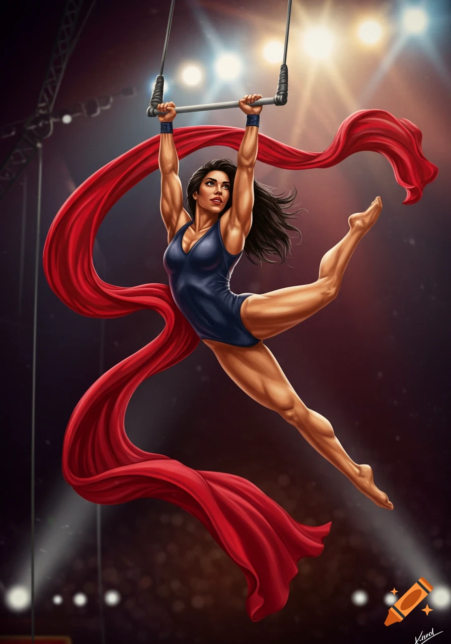 Digital painting of a female trapeze artist swinging with red fabric in a circus.