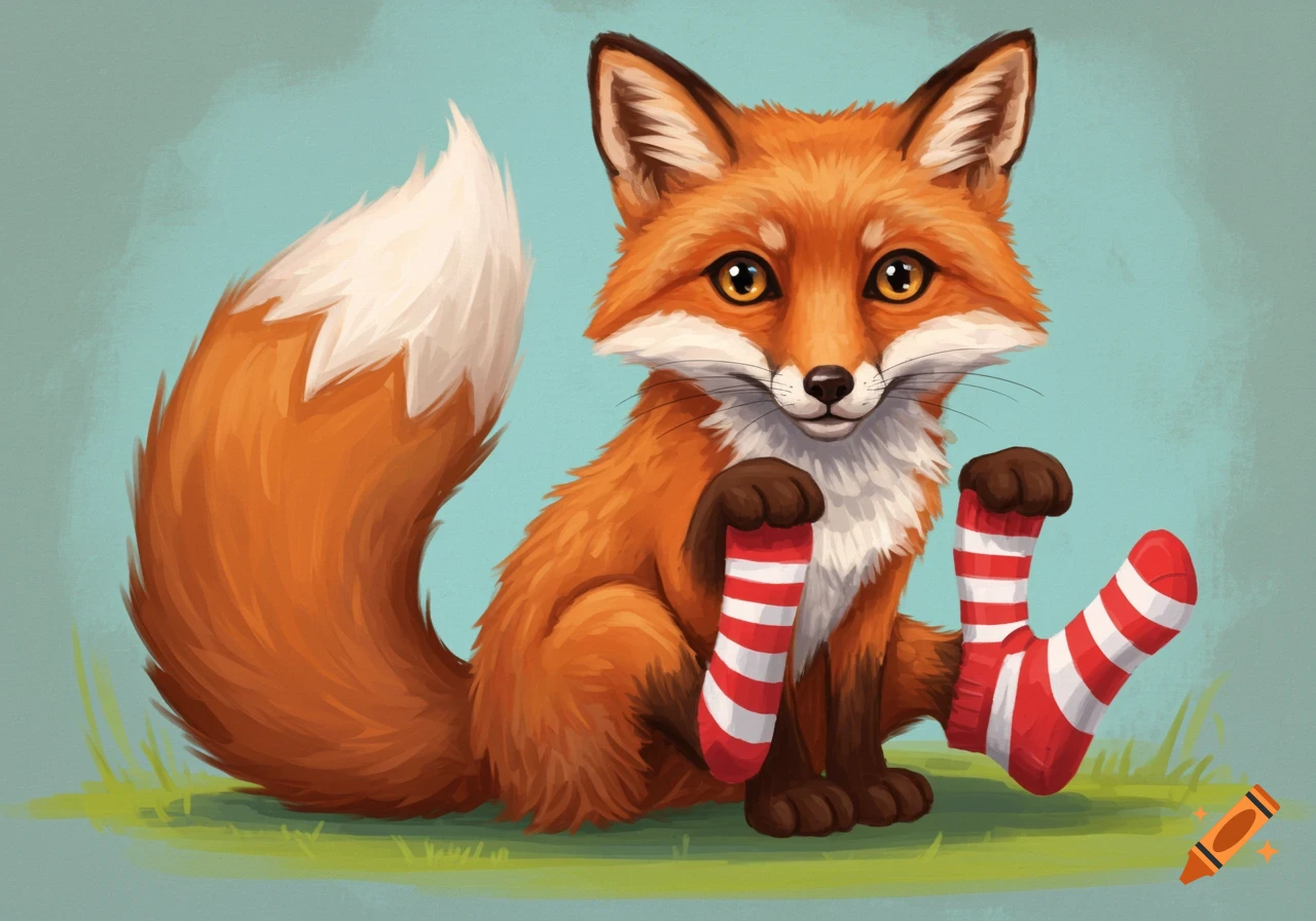 A cartoon fox sits on grass holding red and white striped socks.