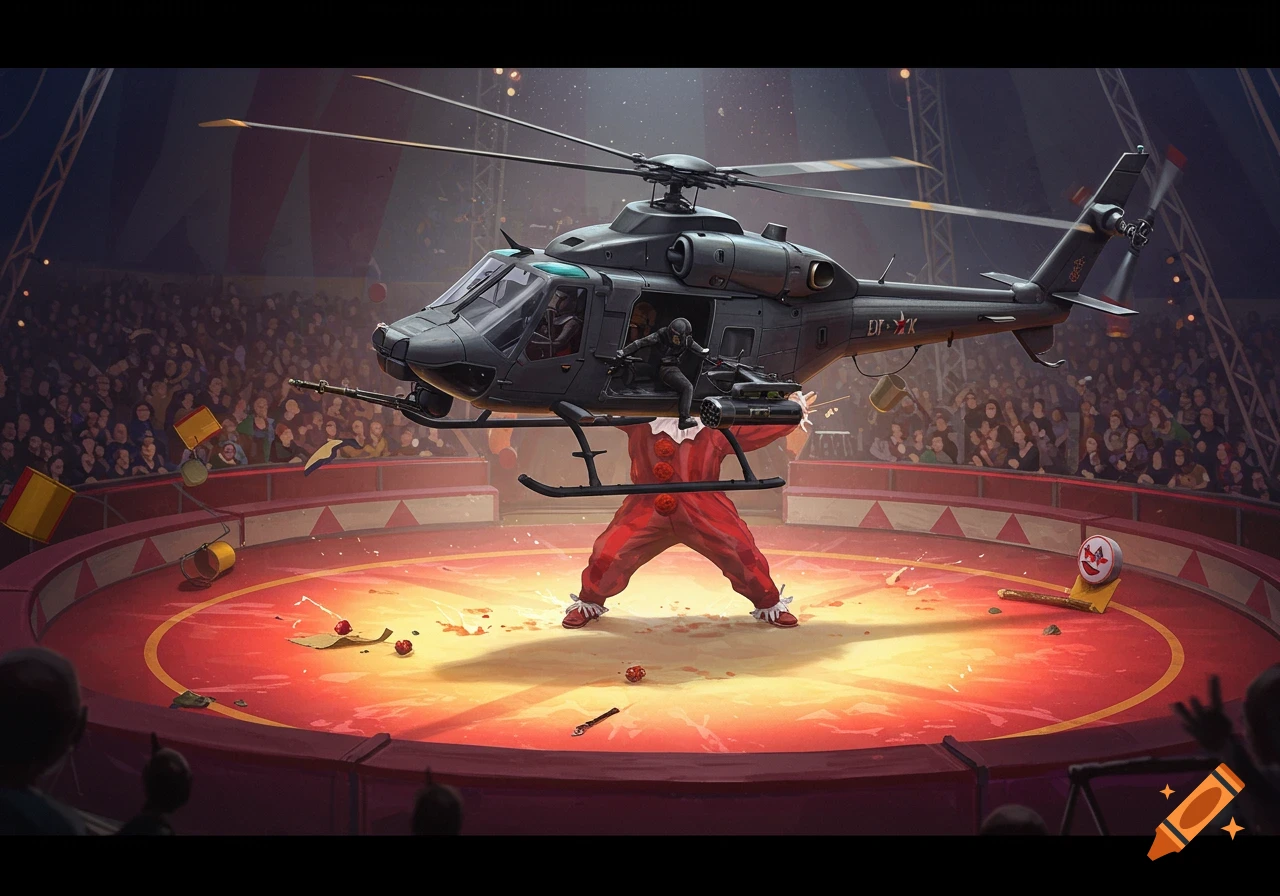 Clown holding a military helicopter above his head in a circus arena