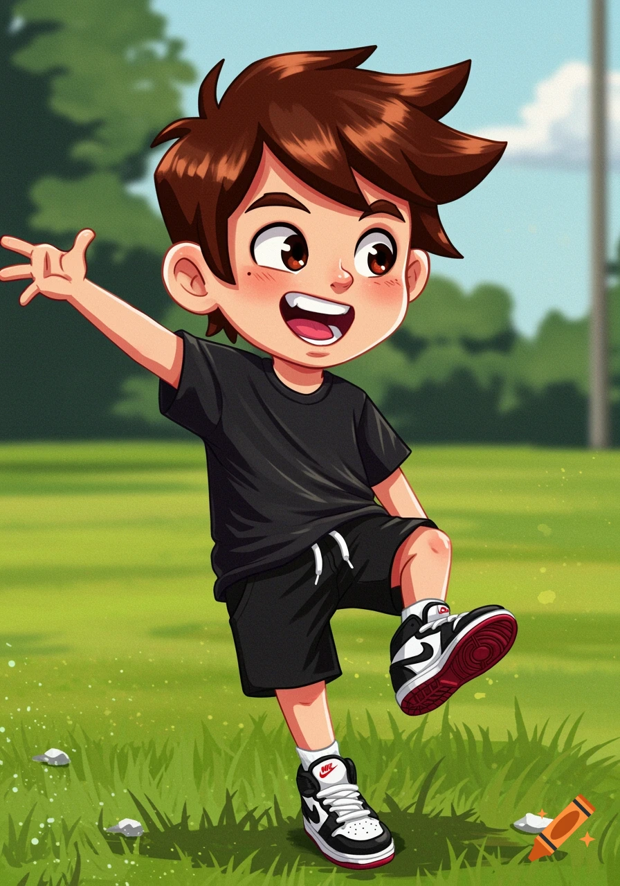 Cartoon boy playing outdoors in a park wearing a black shirt, shorts, and sneakers.