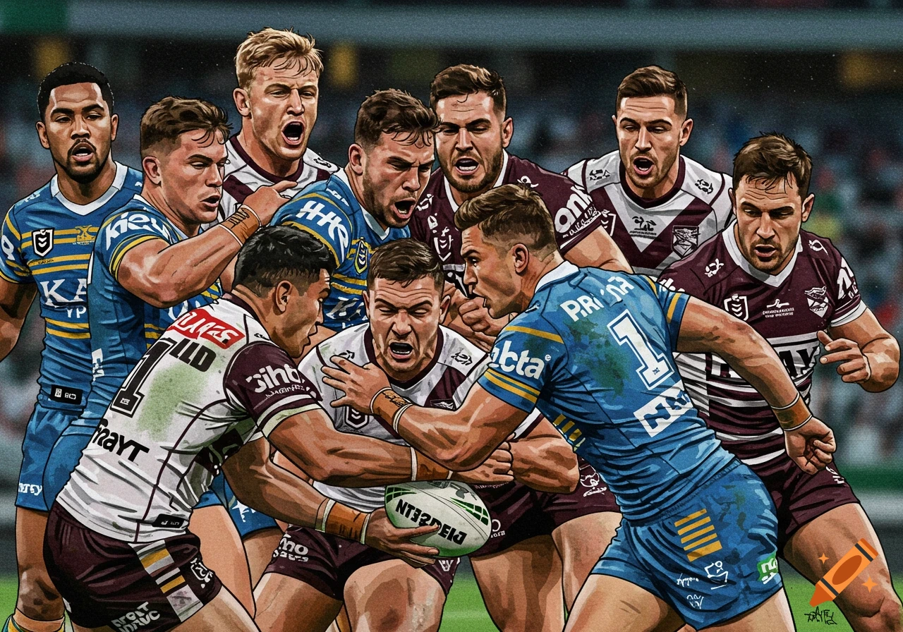 Illustrative depiction of rugby players in a tackle during a match.