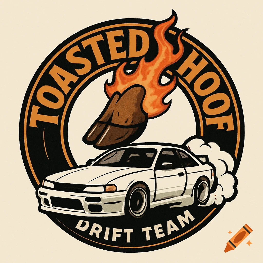 Logo for Toasted Hoof Drift Team featuring a flaming hoof and a white drift car.