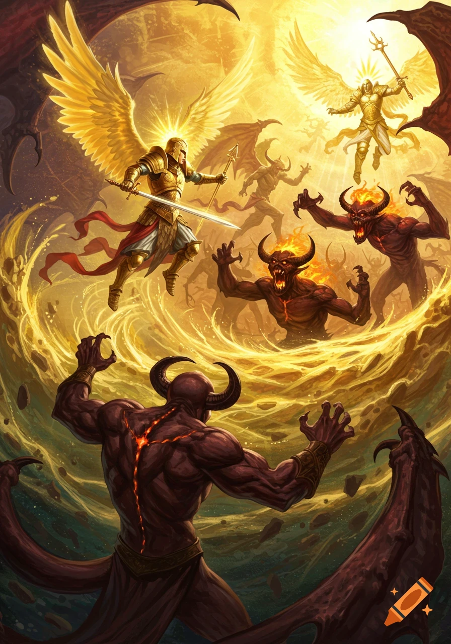 Angels battle demons amidst swirling golden light and energy.