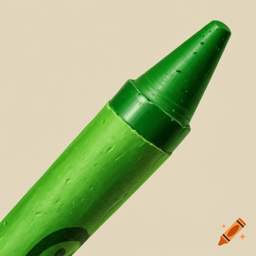 A detailed close-up photo of the tip of a green crayon.