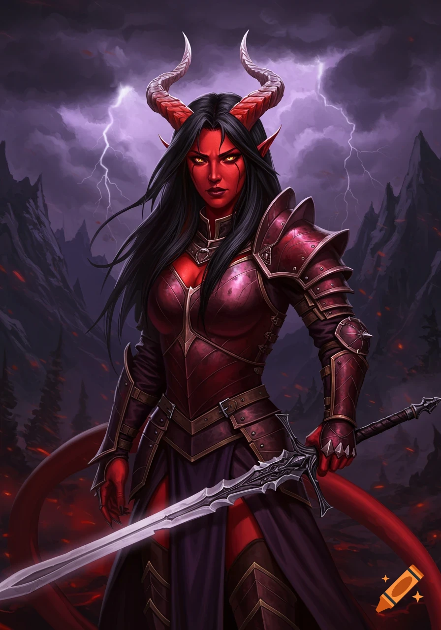 A female tiefling in dark red armor holds a sword in a stormy fantasy ...