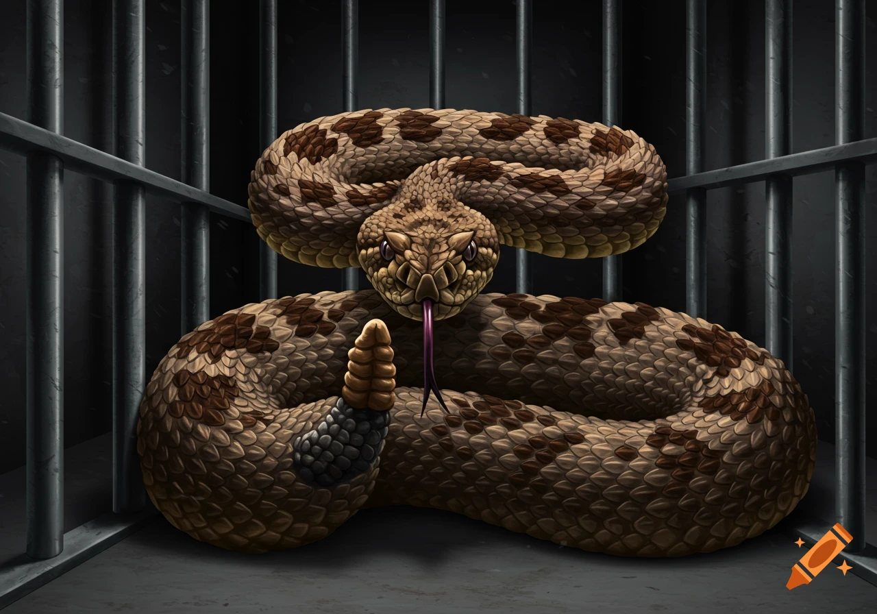 Illustration of a fierce rattlesnake coiled in a jail cell