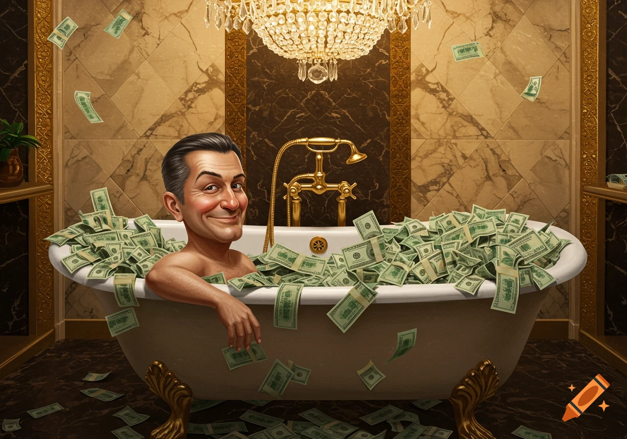 Caricatured man smiles in a bathtub overflowing with money in a luxurious bathroom.