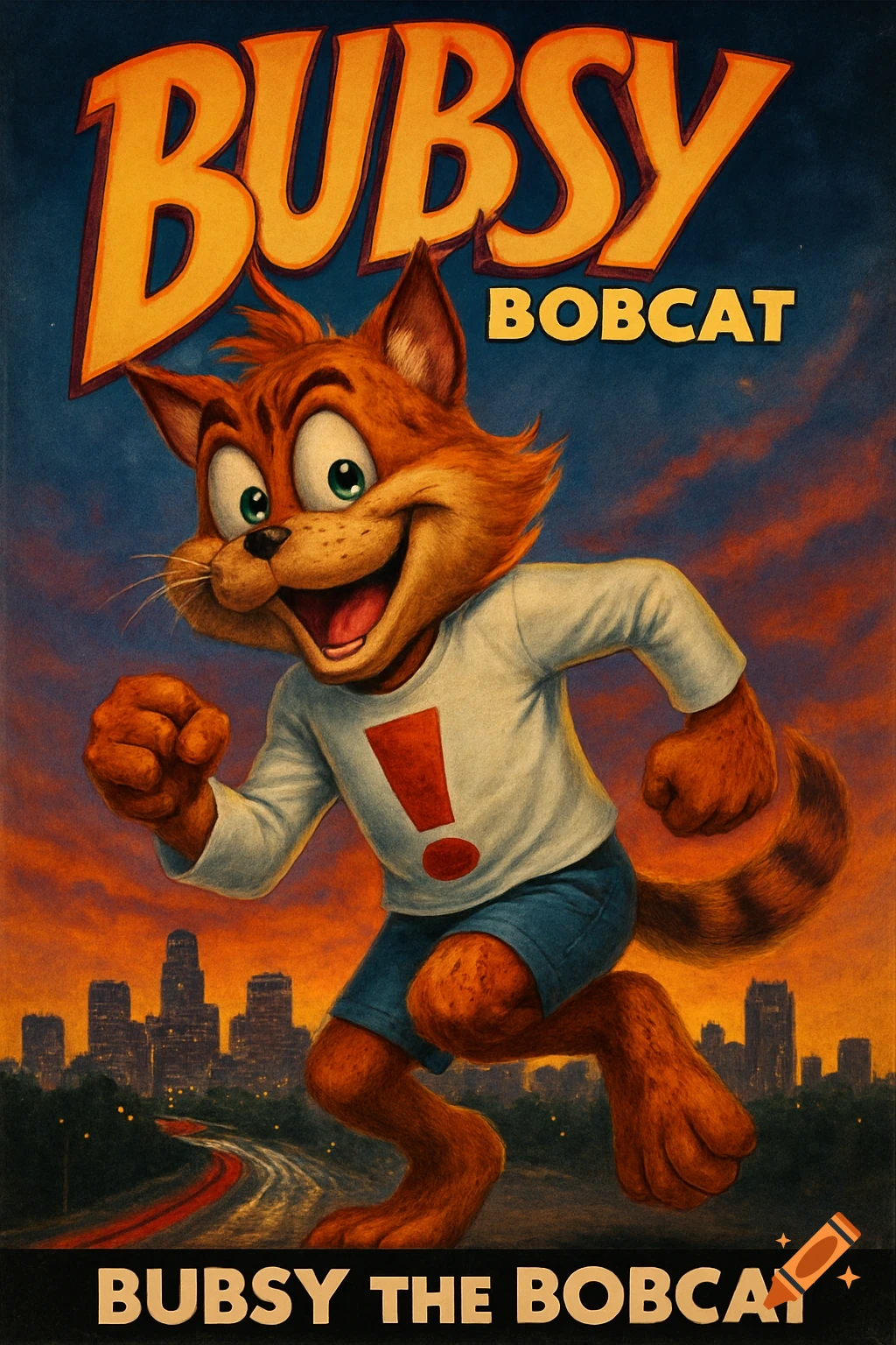 Cartoon bobcat character running against a city skyline at sunset in a movie poster style, with 'Bubsy the Bobcat' text.