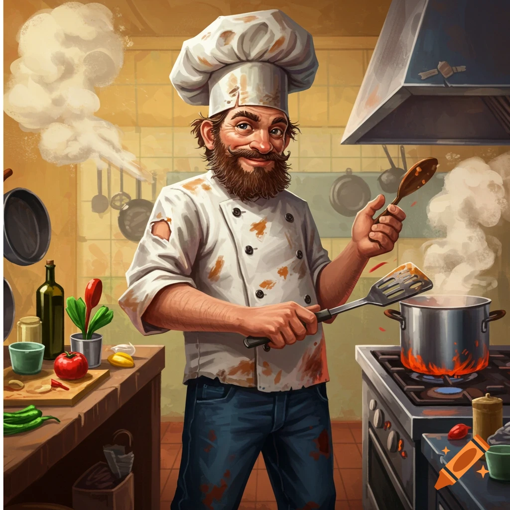 A bearded male chef in a dirty chef's coat stirs a pot on a stove in a kitchen, in an illustrative style.