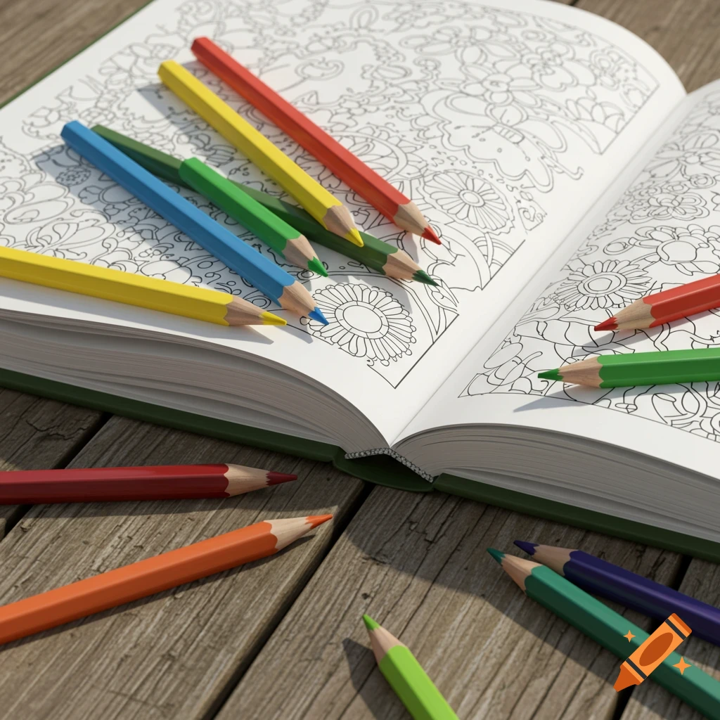 Coloring book open to a floral pattern with colored pencils on a wooden table.