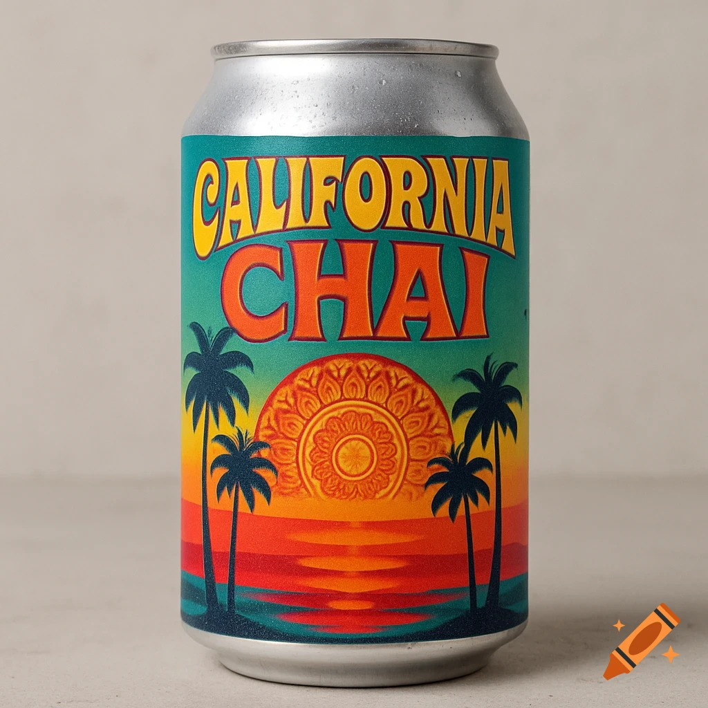 A beverage can with a colorful retro label depicting palm trees and a mandala sunset, labeled "California Chai".