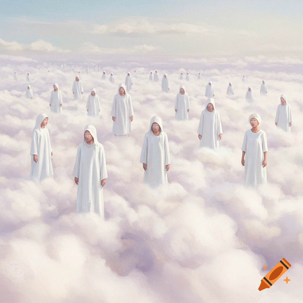 Painting of many figures in white robes standing in thick clouds under a pale sky.