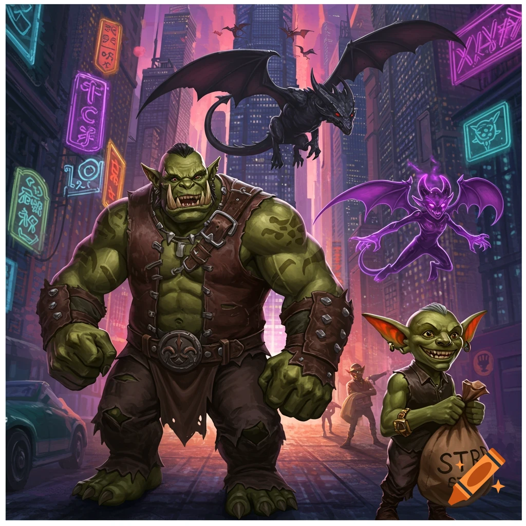 An orc and a goblin stand on a city street with flying monsters above. Urban fantasy illustration.