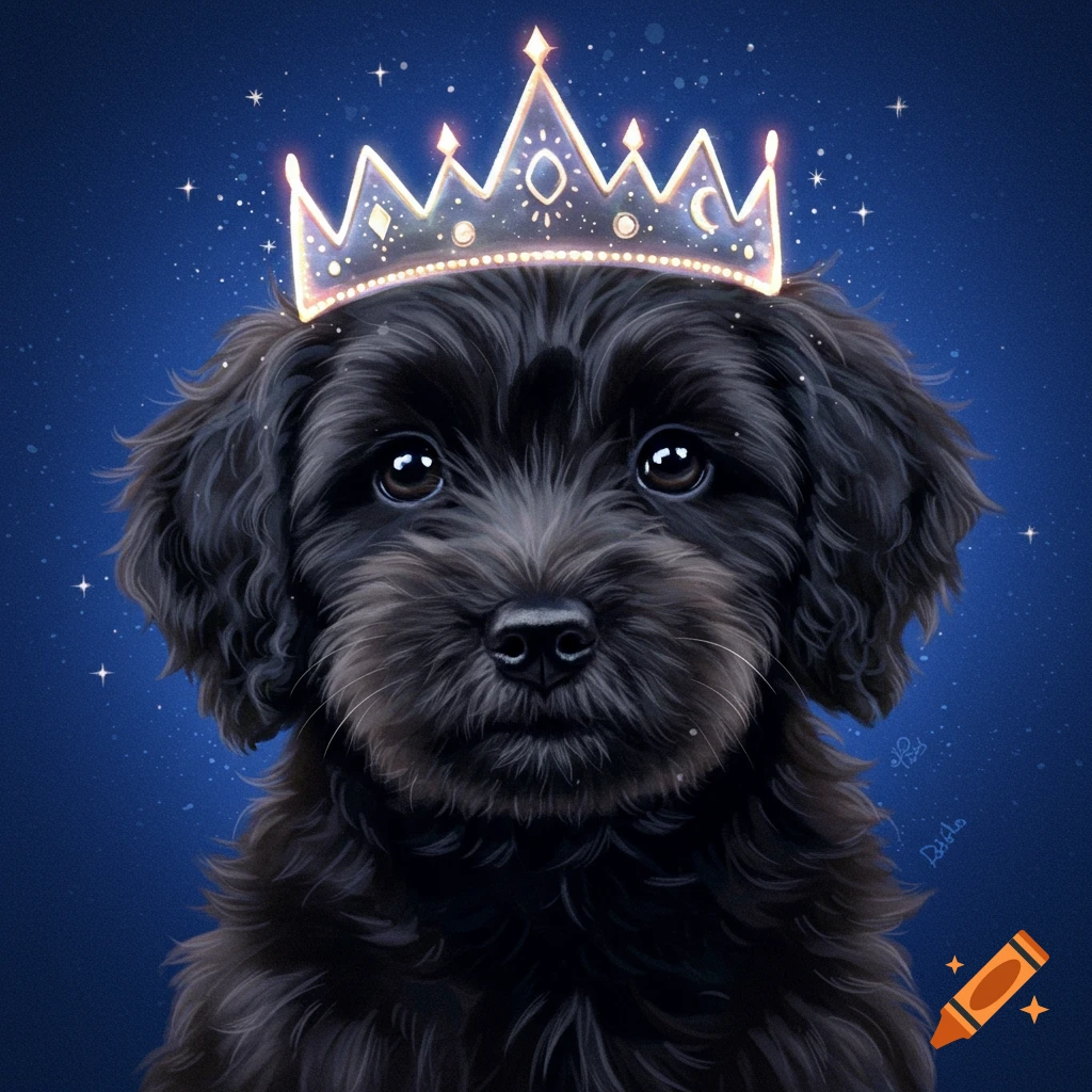 Illustration of a black puppy wearing a glowing celestial crown on a starry blue background.