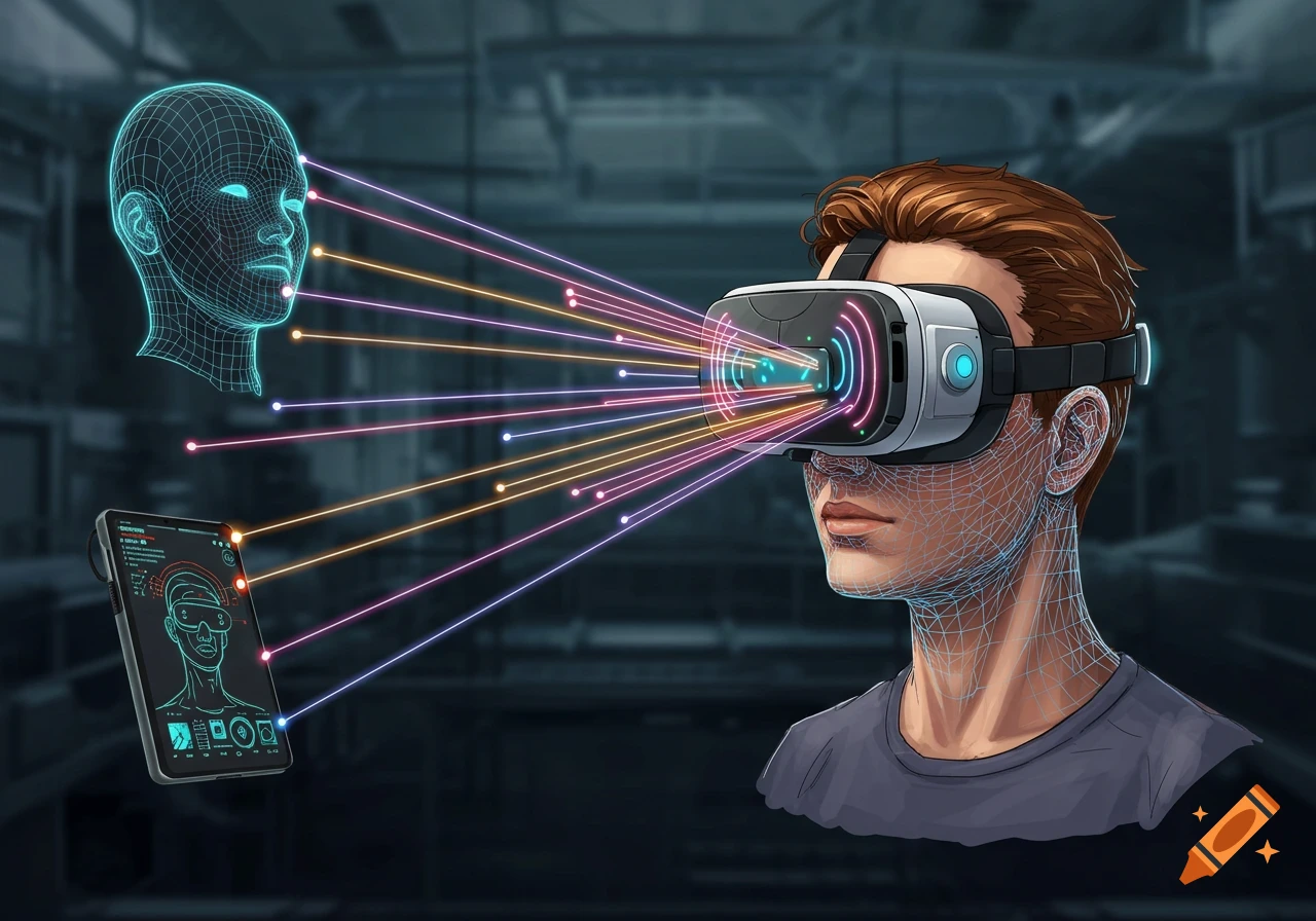 Illustration of a person using VR glasses, with lines showing head tracking data connecting to a wireframe head and tablet.