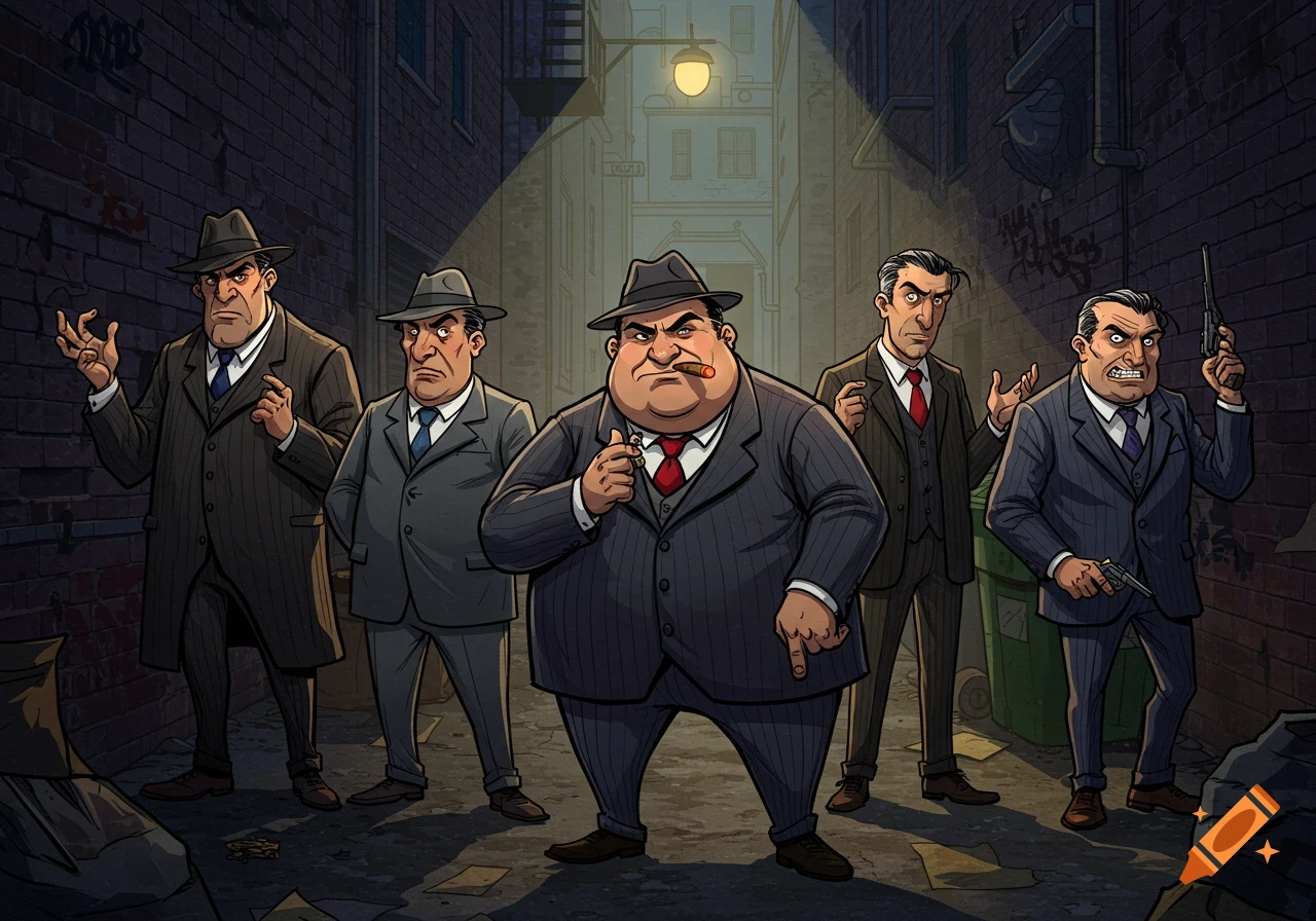 Cartoon illustration of a group of mafia gangsters posing in a dark alley.
