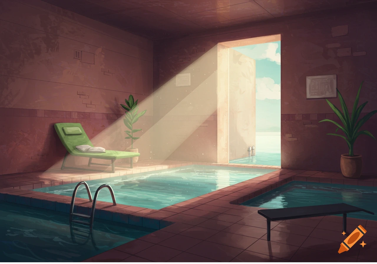 Indoor pool area with sunlight streaming through opening to sea and sky, lounge chair, plants.