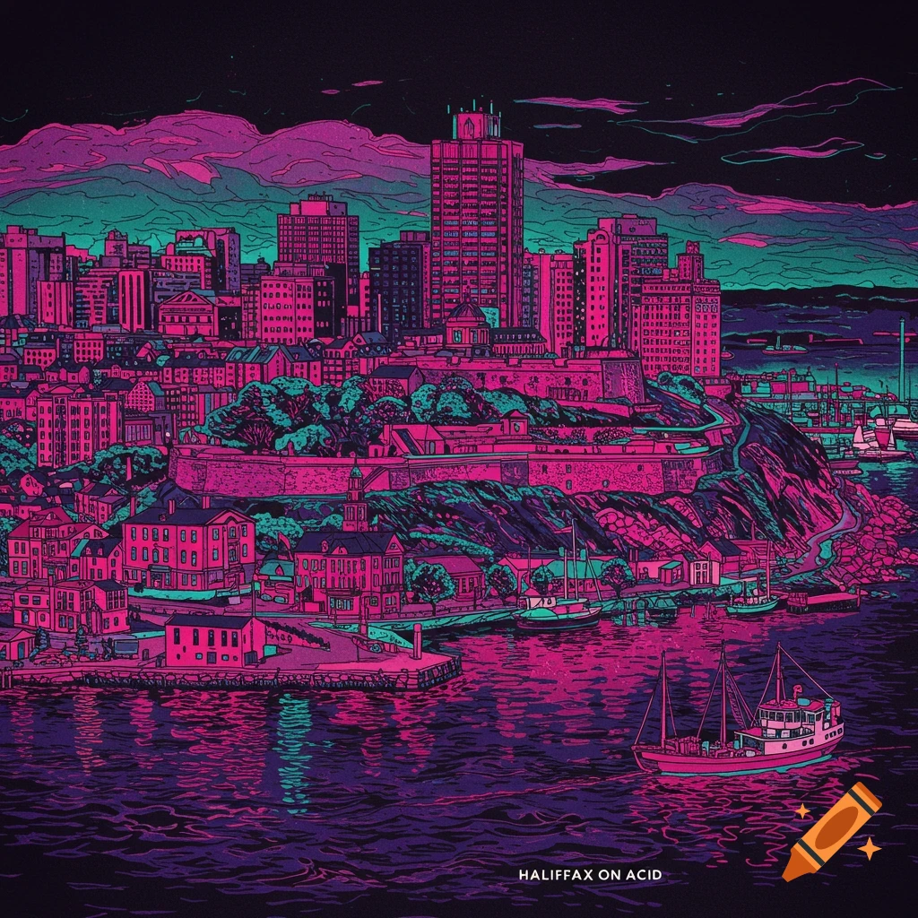Stylized pink, purple, and teal graphic art of a harbor city with buildings on a hill. Text reads: HALIFAX ON ACID.