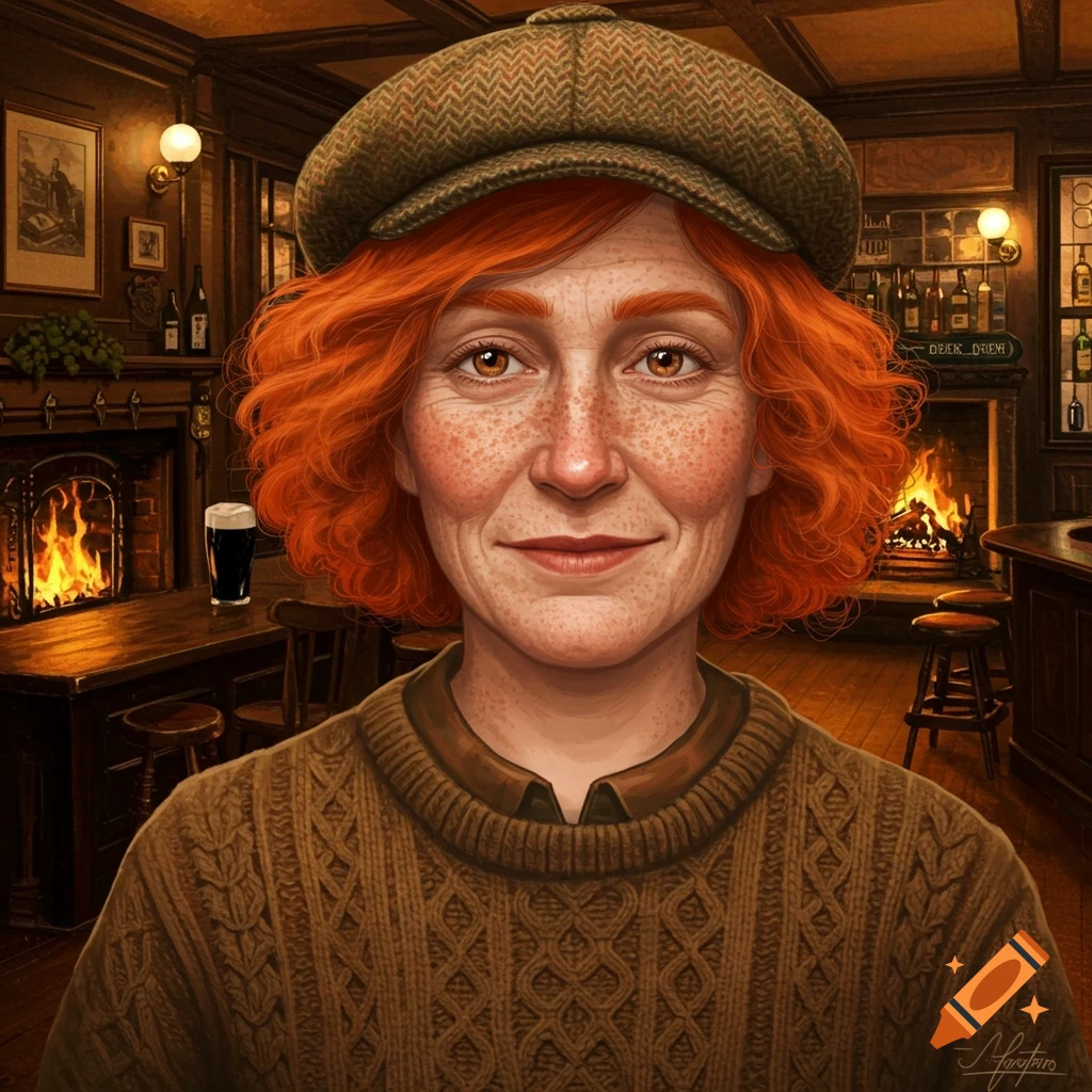 Portrait of a person with red hair and freckles smiling in a pub, wearing a flat cap and cable-knit sweater.